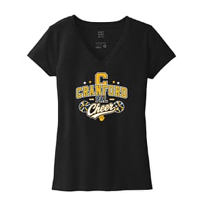 Black V-neck T-shirt with a yellow and white 'Cranford Pal Cheer' graphic and paw print design at center.