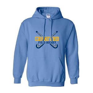 Light blue hoodie with Cranford Field Hockey logo, featuring crossed hockey sticks behind bold yellow letters.