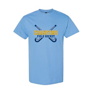 Light blue T-shirt featuring a Cranford Field Hockey logo with crossed navy sticks and yellow wordmark.