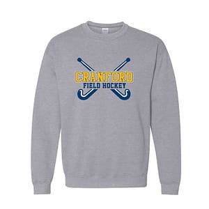 Gray crewneck sweatshirt featuring a Cranford Field Hockey logo with crossed blue hockey sticks and yellow-cranford lettering; casual athletic apparel