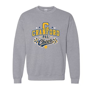 Gray sweatshirt with a Cranford Pal Cheer logo in blue and yellow, featuring pom-poms and a paw print underneath the text.