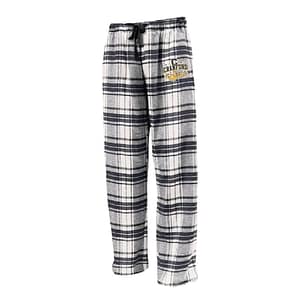 Gray plaid pajama pants with a black drawstring and a small crest logo on the left hip, designed for loungewear.