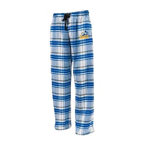 Blue and white plaid pajama pants with a black drawstring at the waist and a small logo on the left hip.
