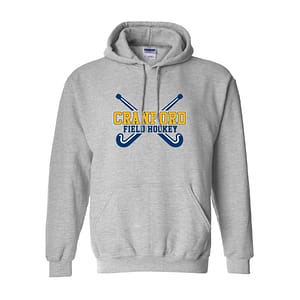 Gray hoodie displaying a Cranford Field Hockey logo with two blue crossed sticks and yellow-outlined text.