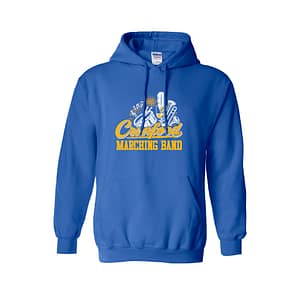 Blue hoodie featuring a yellow 'Cranford Marching Band' logo with musical instruments on the chest.