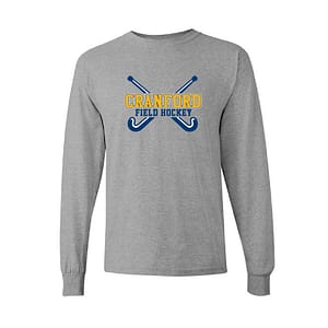 Gray long-sleeve shirt displaying the Cranford Field Hockey logo with crossed hockey sticks on the chest.