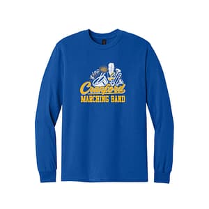Blue long-sleeve shirt featuring a Cranford Marching Band logo in yellow and white, with drums and feather motif.