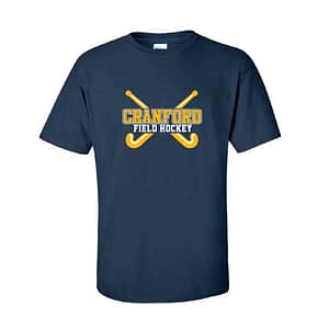 Navy blue t-shirt with a Cranford Field Hockey logo—the text 'CRANFORD' in yellow with crossed field hockey sticks above and below 'FIELD HOCKEY'.