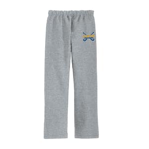 Gray sweatpants featuring a small blue and yellow field hockey logo on the left thigh.