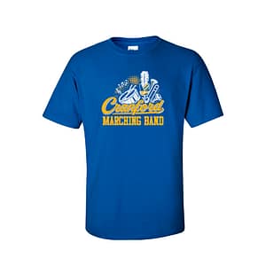 Blue T-shirt featuring a 'Cranford Marching Band' graphic with drums, trumpets and a white feather plume in yellow and white ink