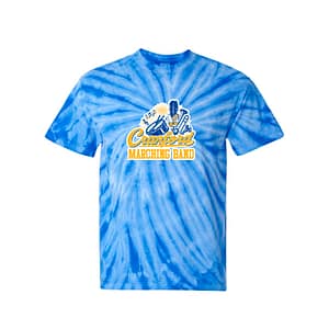 Blue tie-dye T-shirt featuring a Cranford Marching Band logo on the chest in yellow and white mark