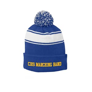Blue knit beanie with a white stripe, pom-pom, and 'CHS MARCHING BAND' in yellow on the cuff.