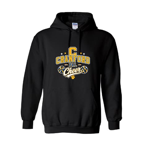 Black hoodie featuring a Crest-style Cranford Pal Cheer logo in yellow and white with pom-poms and paw print motif on the chest area.
