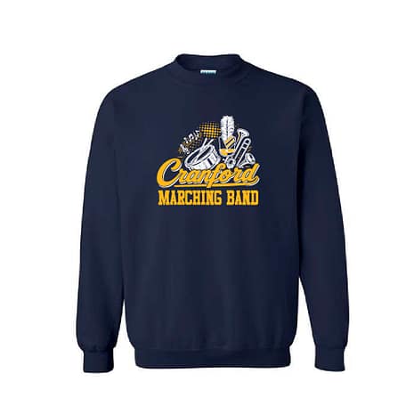 Navy crewneck sweatshirt featuring the Cranford Marching Band logo in gold and white