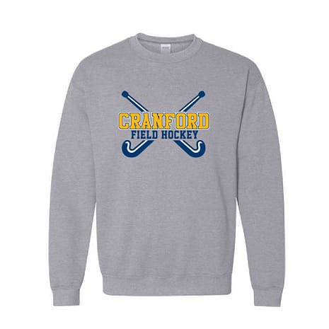 Gray crewneck sweatshirt featuring a Cranford Field Hockey logo with crossed blue hockey sticks and yellow-cranford lettering; casual athletic apparel