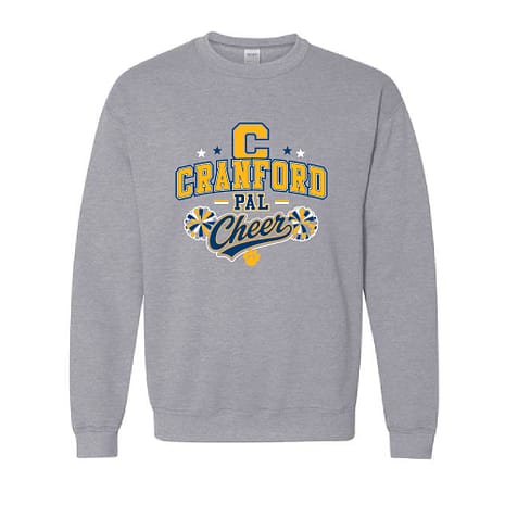 Gray sweatshirt with a Cranford Pal Cheer logo in blue and yellow, featuring pom-poms and a paw print underneath the text.