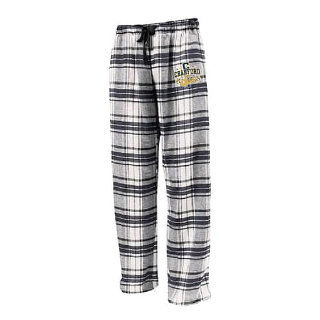 Gray plaid pajama pants with a black drawstring and a small crest logo on the left hip, designed for loungewear.