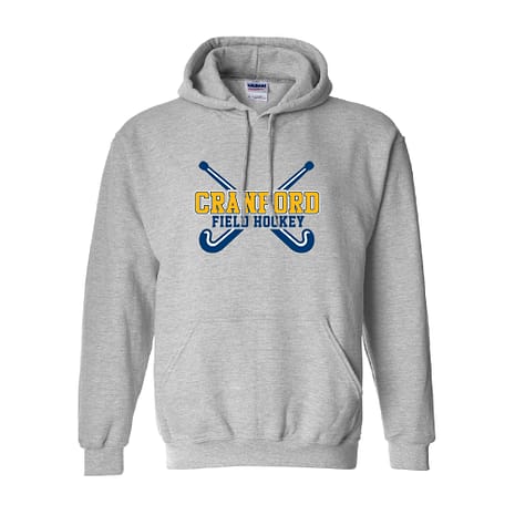 Gray hoodie displaying a Cranford Field Hockey logo with two blue crossed sticks and yellow-outlined text.