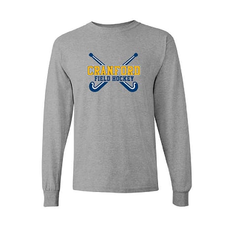Gray long-sleeve shirt displaying the Cranford Field Hockey logo with crossed hockey sticks on the chest.