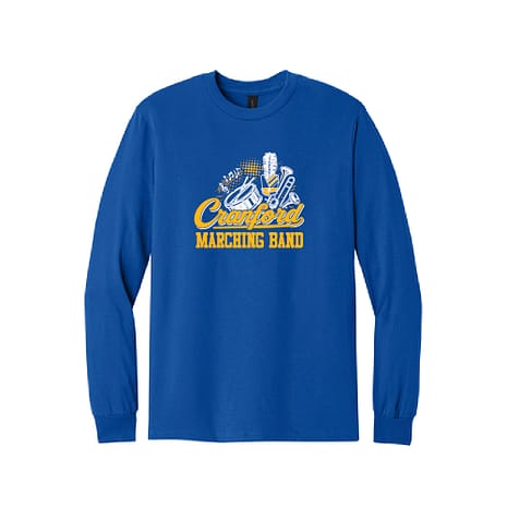 Blue long-sleeve shirt featuring a Cranford Marching Band logo in yellow and white, with drums and feather motif.