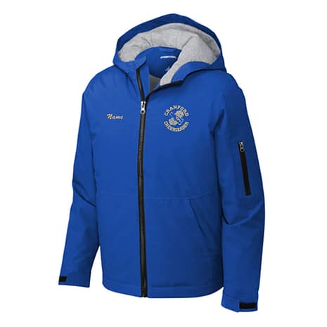 Blue hooded jacket with a gray fleece lining, full-length black zipper, and a circular team emblem on the left chest; customizable name text is shown.