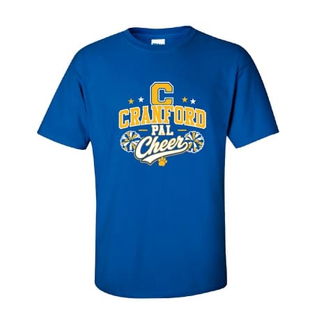 Blue T-shirt displaying a Cranford Pal Cheer logo with a large gold-and-white 'C' and bold 'CRANFORD PAL Cheer' lettering and pom-poms.