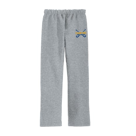 Gray sweatpants featuring a small blue and yellow field hockey logo on the left thigh.