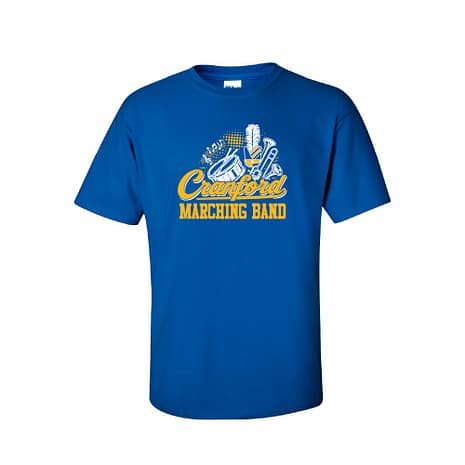 Blue T-shirt featuring a 'Cranford Marching Band' graphic with drums, trumpets and a white feather plume in yellow and white ink