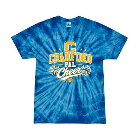 Blue tie-dye T-shirt with a 'Cranford Pal Cheer' logo and yellow pom-poms motif on the chest.
