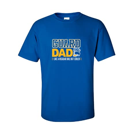 Blue T-shirt featuring a bold 'GUARD DAD' graphic and the slogan 'Like a regular dad, but cooler' with a small helmet icon.