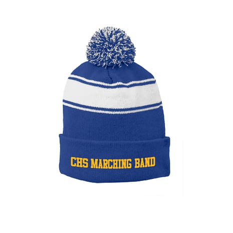 Blue knit beanie with a white stripe, pom-pom, and 'CHS MARCHING BAND' in yellow on the cuff.
