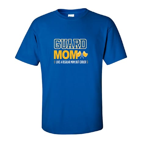 Blue T-shirt featuring a bold 'GUARD MOM' graphic in white and yellow with the slogan 'Like a regular mom, but cooler' underneath