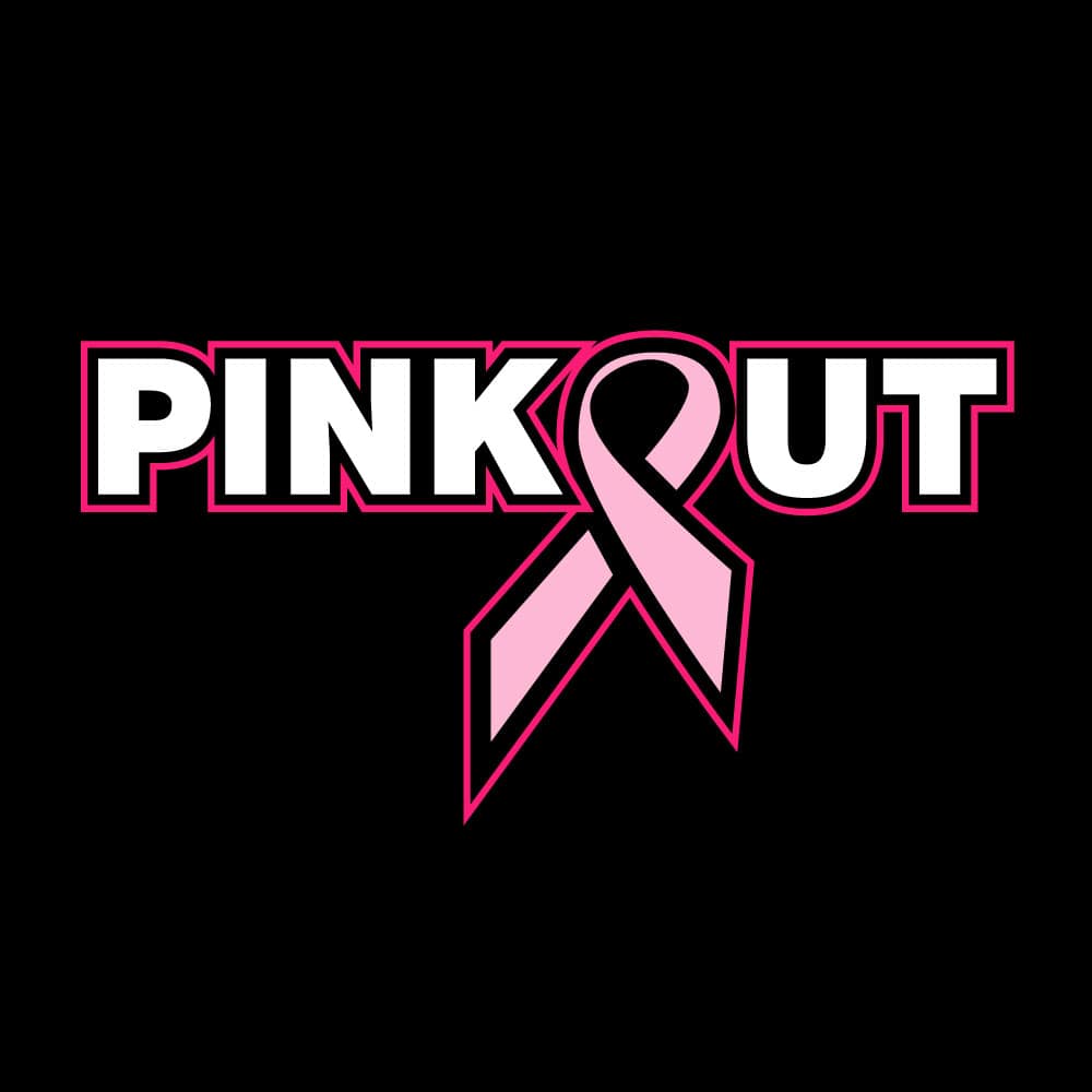 Classic Pink Out breast cancer awareness design featuring a pink ribbon integrated into the "Pink Out" text for custom fundraiser apparel.