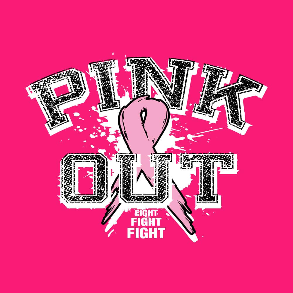 Distressed "Pink Out" breast cancer awareness design featuring a pink ribbon and "Fight Fight Fight" slogan for custom fundraiser shirts and Pink Out events.