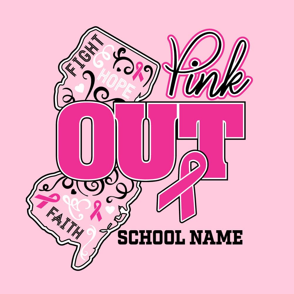 Custom New Jersey Pink Out breast cancer awareness shirt design featuring the state of New Jersey, a pink ribbon, inspirational words, and a customizable school name.