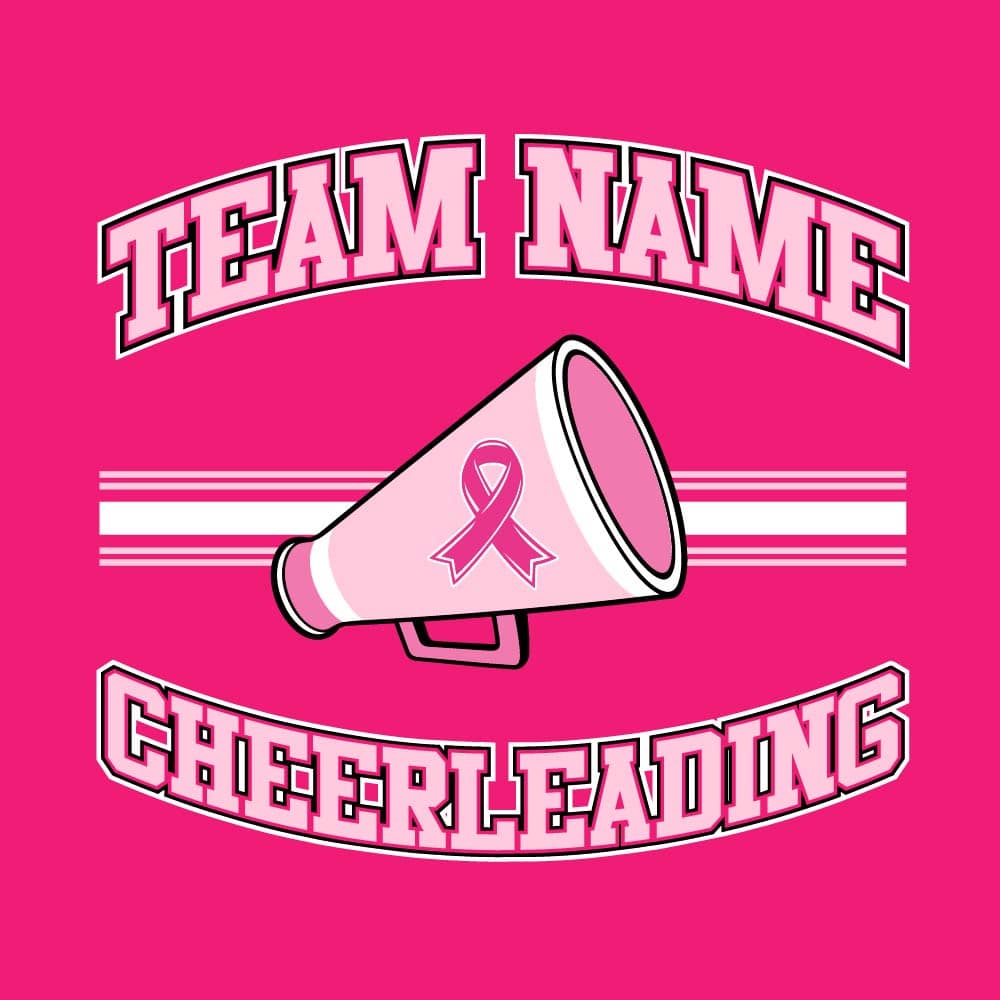 Pink cheerleading breast cancer awareness design featuring a cheer megaphone with a pink ribbon, customizable team name, and varsity-style "Cheerleading" text.