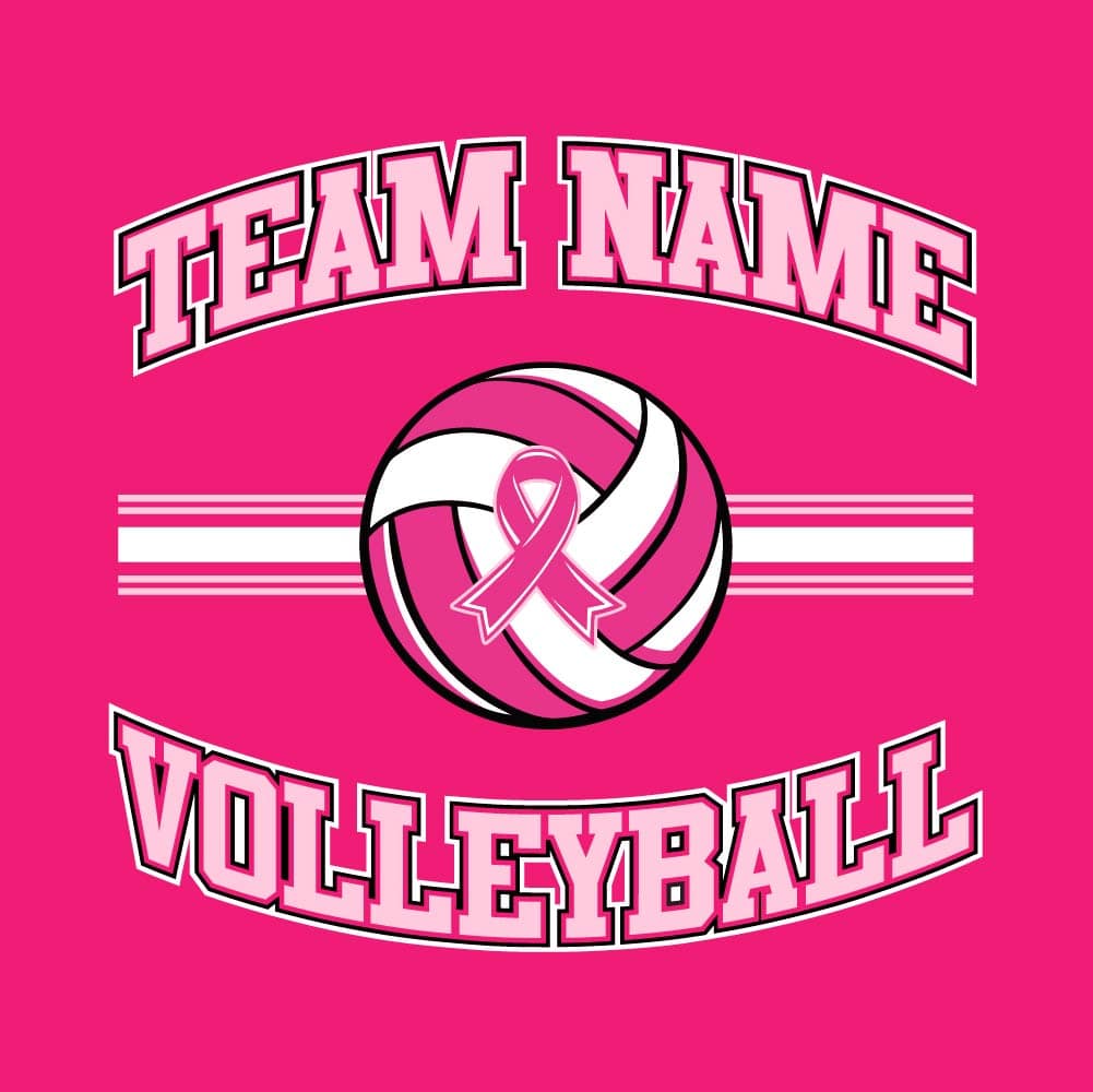 Pink volleyball breast cancer awareness design featuring a volleyball with a pink ribbon, customizable team name, and varsity-style "Volleyball" text.