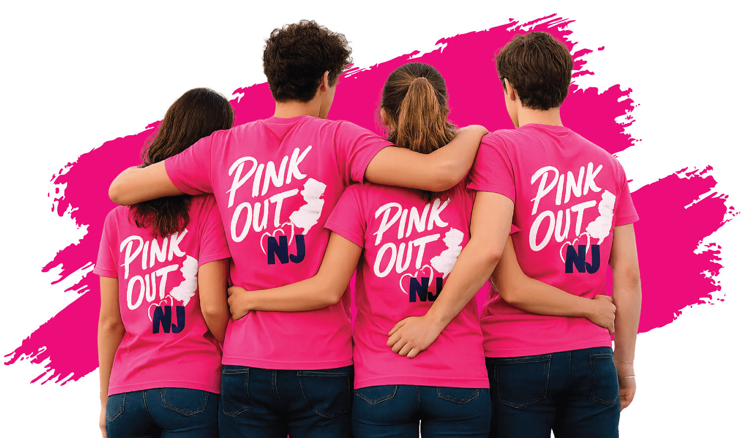 Group of four people wearing matching pink shirts with 'PINK OUT NJ' on their backs, arms around each other in front of a pink paint splash background.